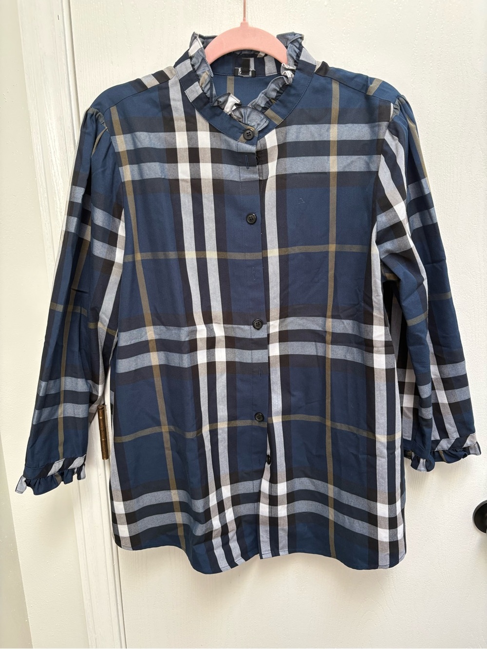Shana Navy and White Striped Ruffle-Neck Blouse